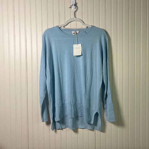 Kinross Cashmere Tops - Pastel Blue Cashmere Long Sleeve Hi-Low Crewneck Softgirl Cozy Comfortcore Chic